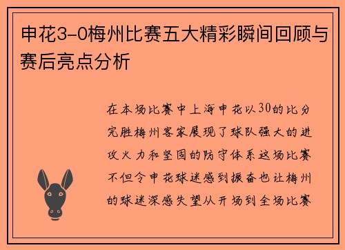 申花3-0梅州比赛五大精彩瞬间回顾与赛后亮点分析